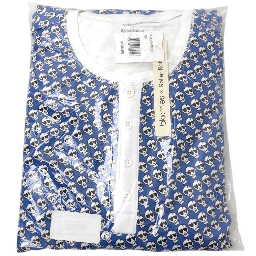 Bloomies x Roller Rabbit Blue White Heart Skull Pima Cotton Pajama Top Pant Set - Picture 3 of 7